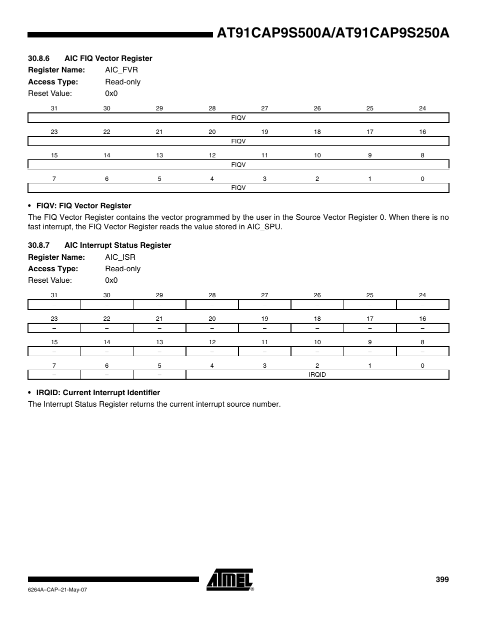 6 aic fiq vector register, 7 aic interrupt status register | Rainbow Electronics AT91CAP9S250A User Manual | Page 399 / 1008