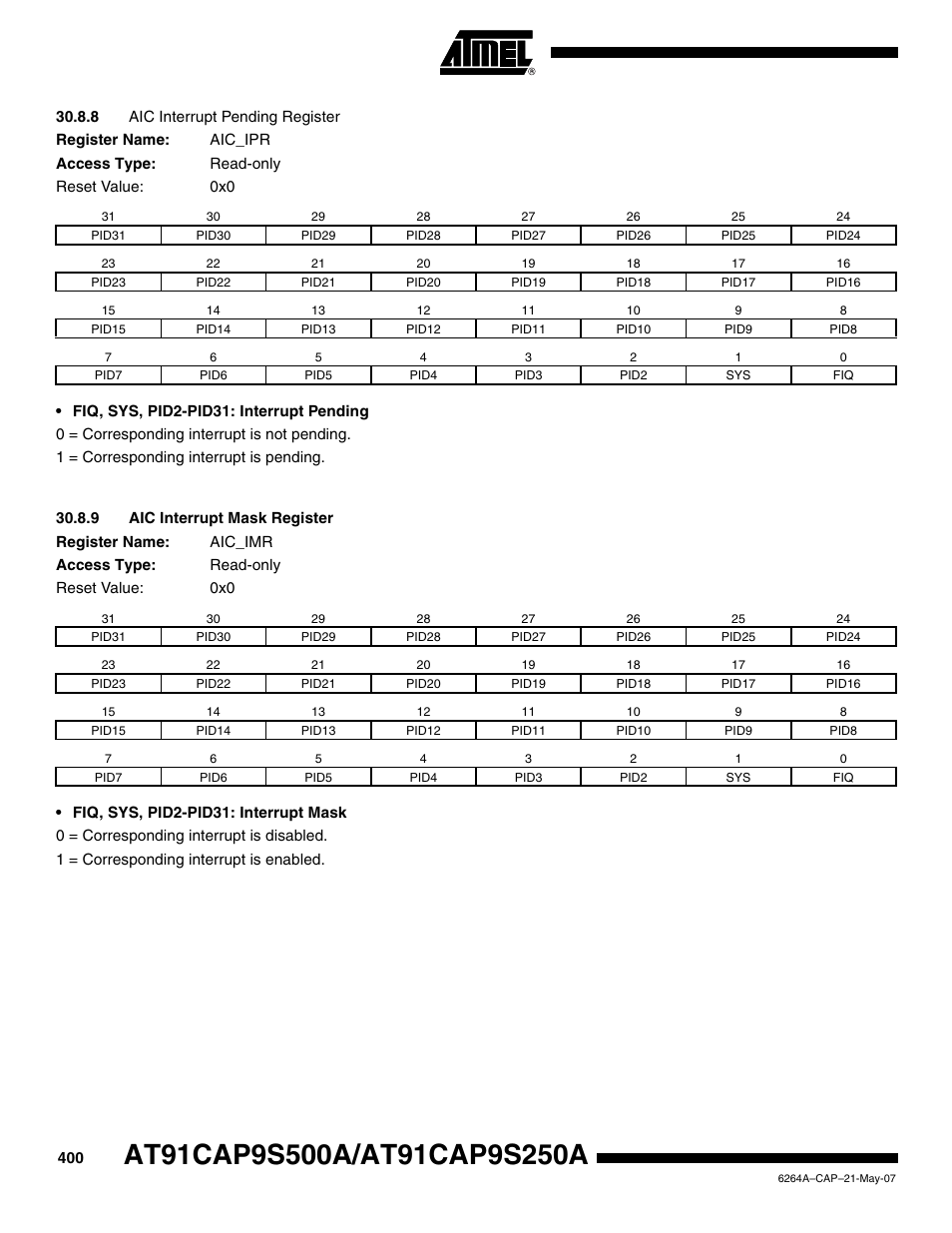 8 aic interrupt pending register, 9 aic interrupt mask register | Rainbow Electronics AT91CAP9S250A User Manual | Page 400 / 1008