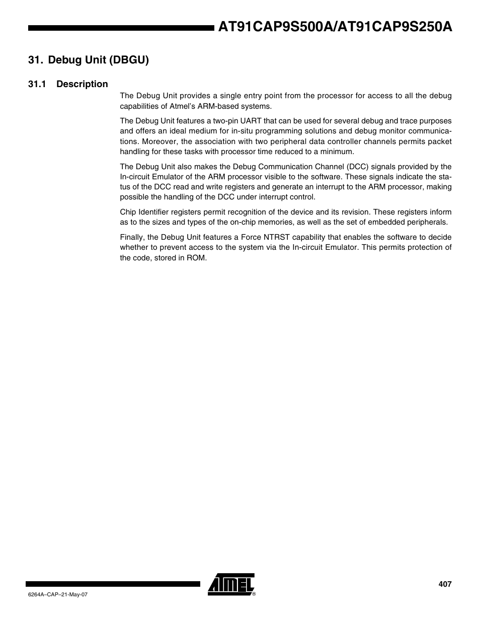 Debug unit (dbgu), 1 description | Rainbow Electronics AT91CAP9S250A User Manual | Page 407 / 1008