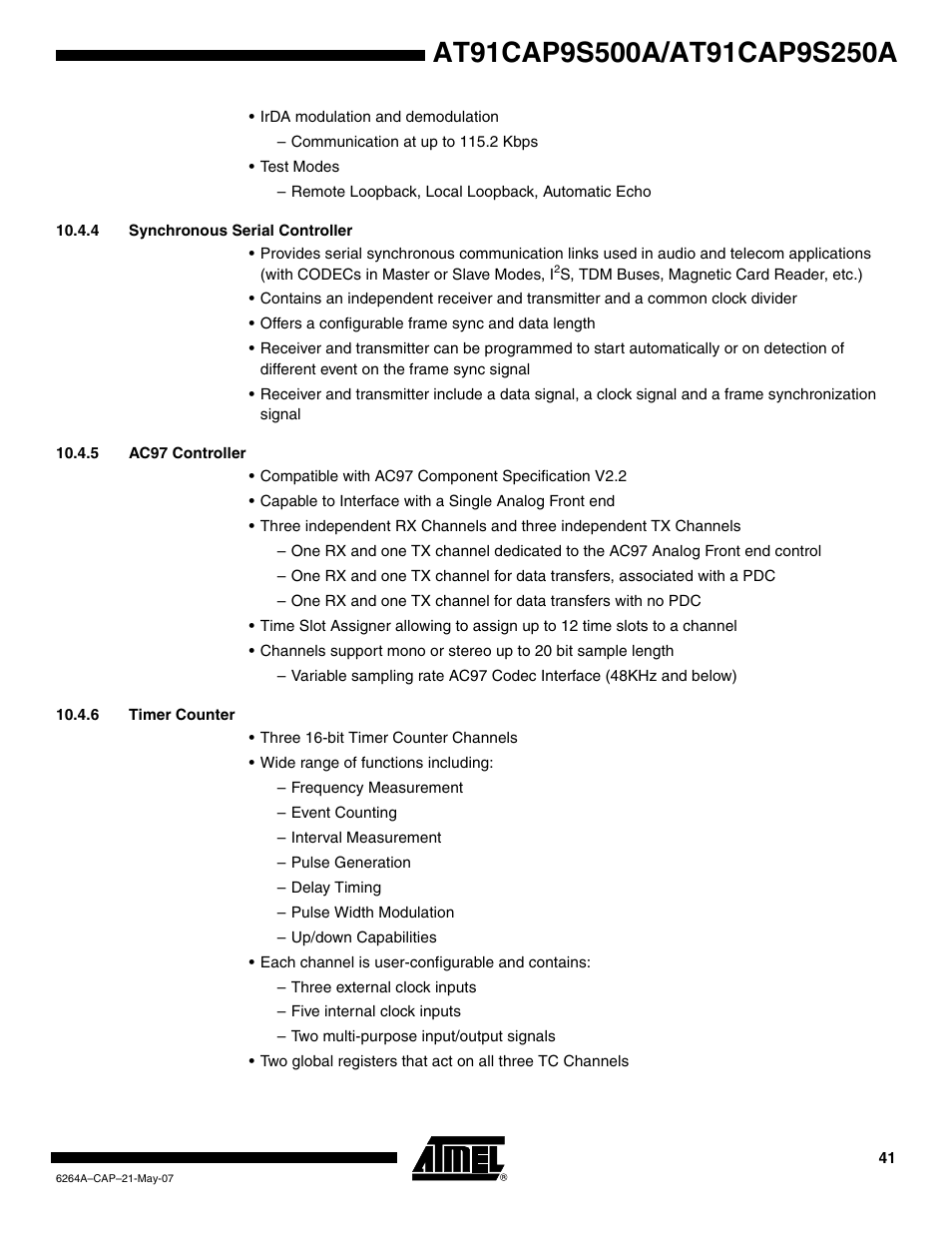 4 synchronous serial controller, 5 ac97 controller, 6 timer counter | Rainbow Electronics AT91CAP9S250A User Manual | Page 41 / 1008