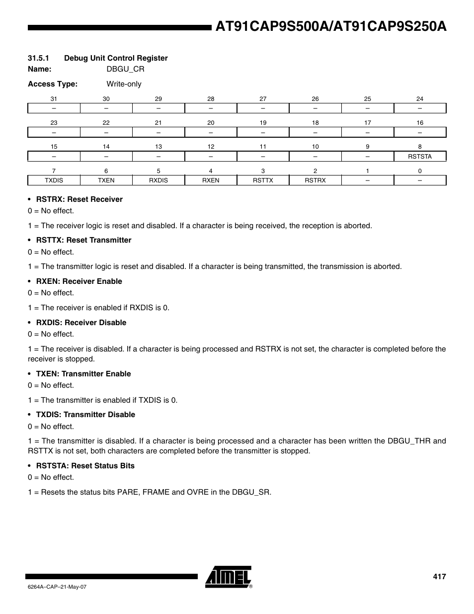 1 debug unit control register | Rainbow Electronics AT91CAP9S250A User Manual | Page 417 / 1008