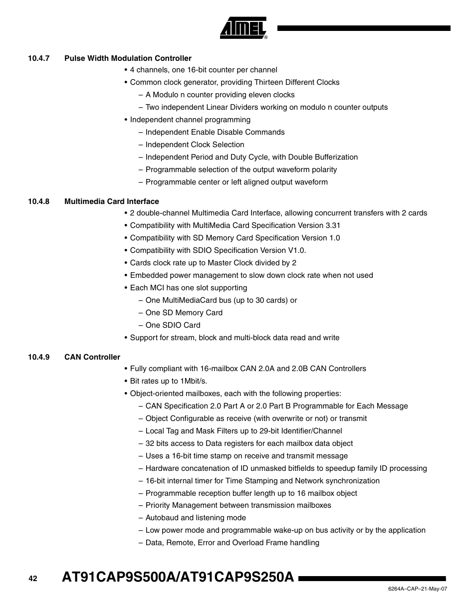 7 pulse width modulation controller, 8 multimedia card interface, 9 can controller | Rainbow Electronics AT91CAP9S250A User Manual | Page 42 / 1008