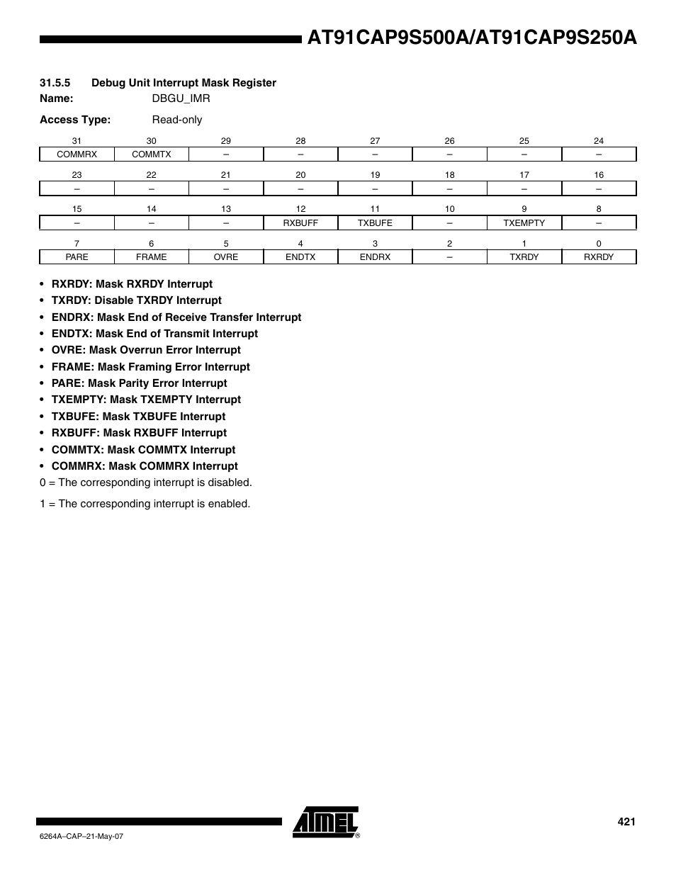 5 debug unit interrupt mask register | Rainbow Electronics AT91CAP9S250A User Manual | Page 421 / 1008