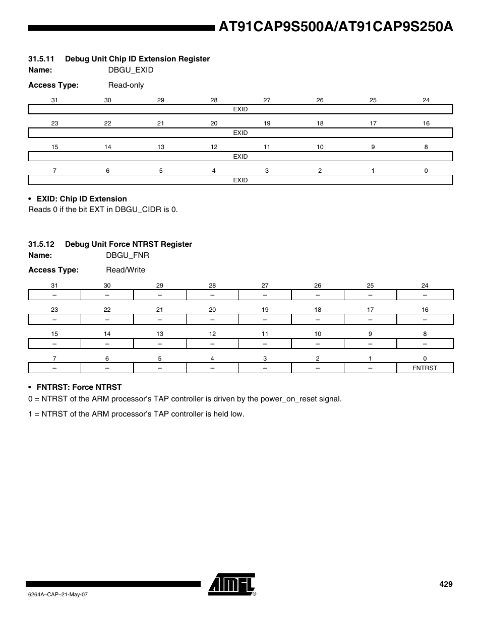 11 debug unit chip id extension register, 12 debug unit force ntrst register | Rainbow Electronics AT91CAP9S250A User Manual | Page 429 / 1008