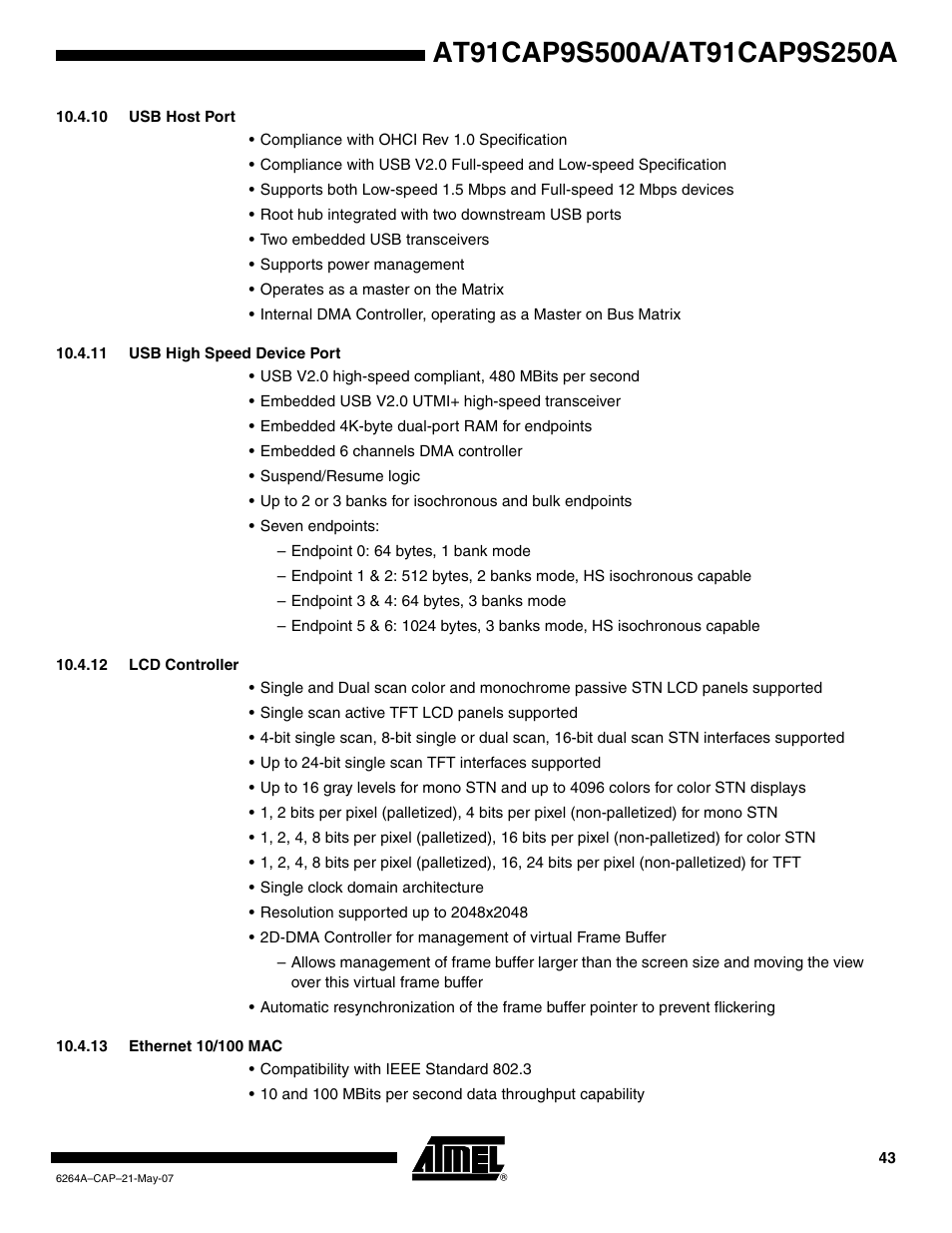 10 usb host port, 11 usb high speed device port, 12 lcd controller | 13 ethernet 10/100 mac | Rainbow Electronics AT91CAP9S250A User Manual | Page 43 / 1008