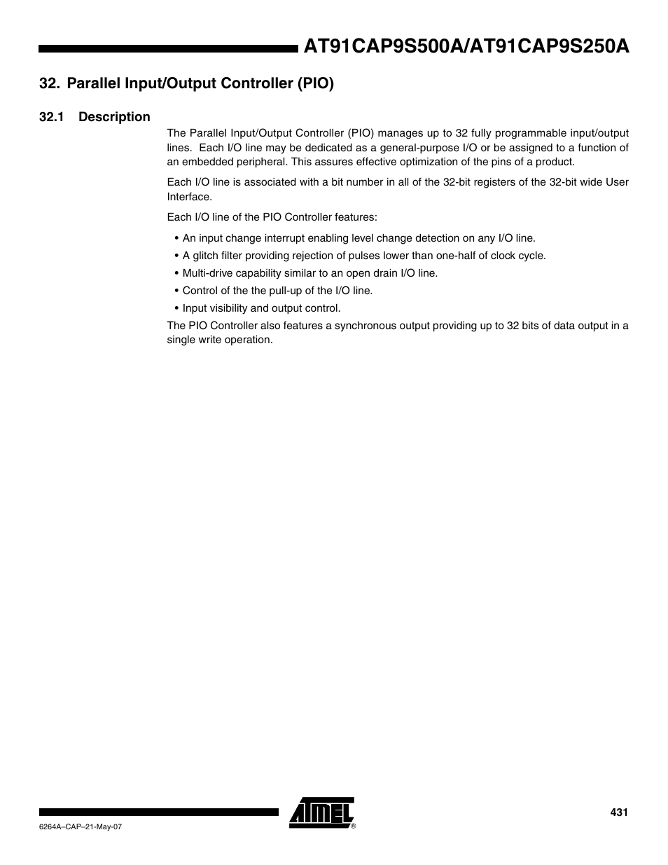 Parallel input/output controller (pio), 1 description | Rainbow Electronics AT91CAP9S250A User Manual | Page 431 / 1008