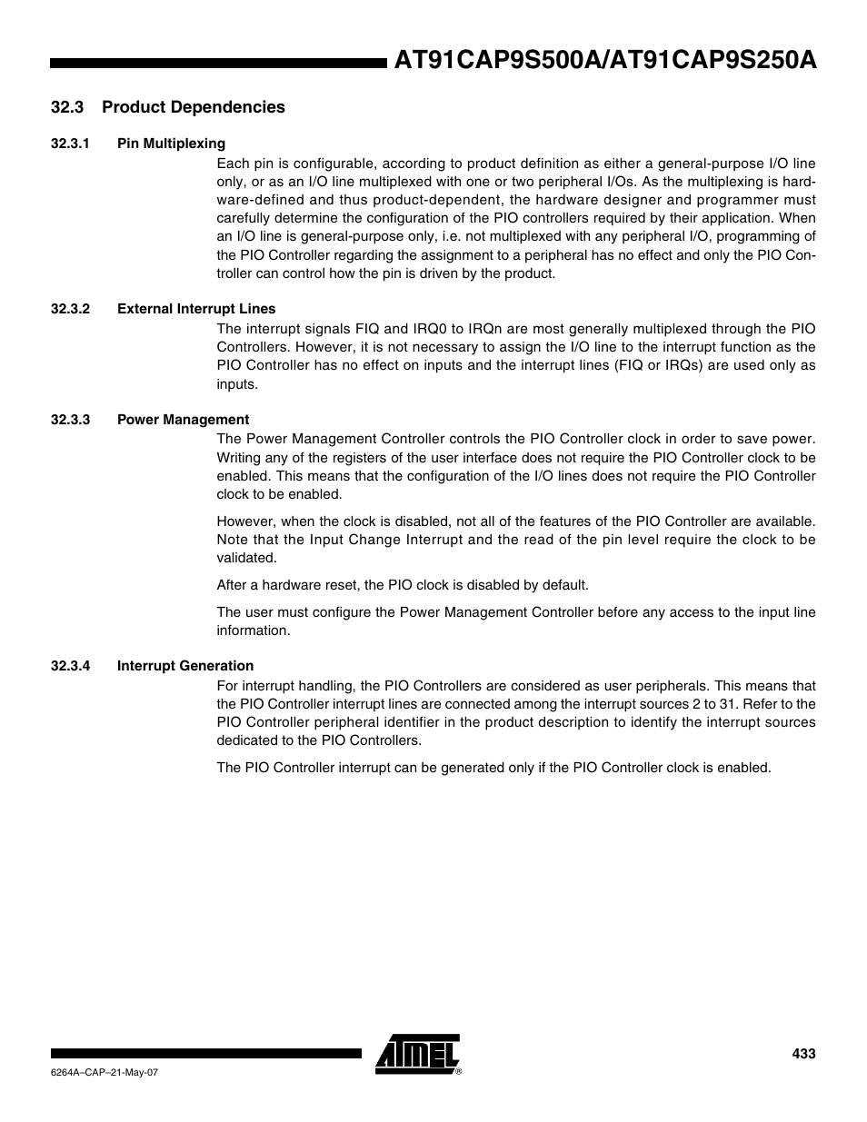 3 product dependencies, 1 pin multiplexing, 2 external interrupt lines | 3 power management, 4 interrupt generation | Rainbow Electronics AT91CAP9S250A User Manual | Page 433 / 1008