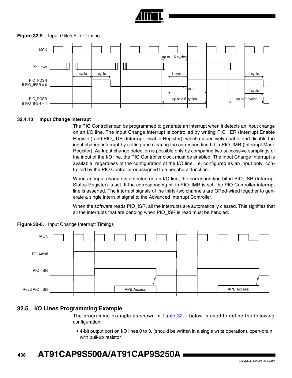 10 input change interrupt, 5 i/o lines programming example | Rainbow Electronics AT91CAP9S250A User Manual | Page 438 / 1008