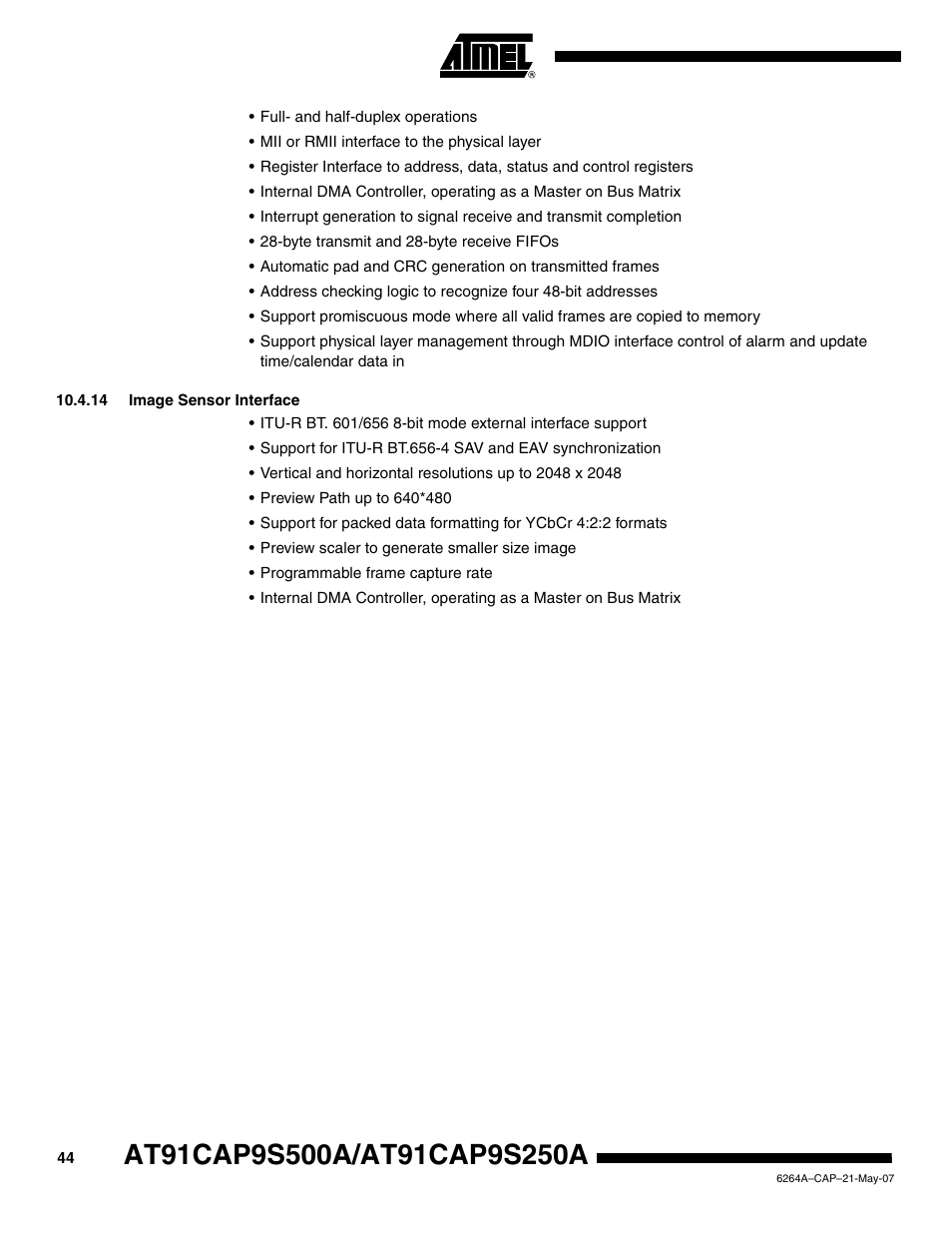 14 image sensor interface | Rainbow Electronics AT91CAP9S250A User Manual | Page 44 / 1008