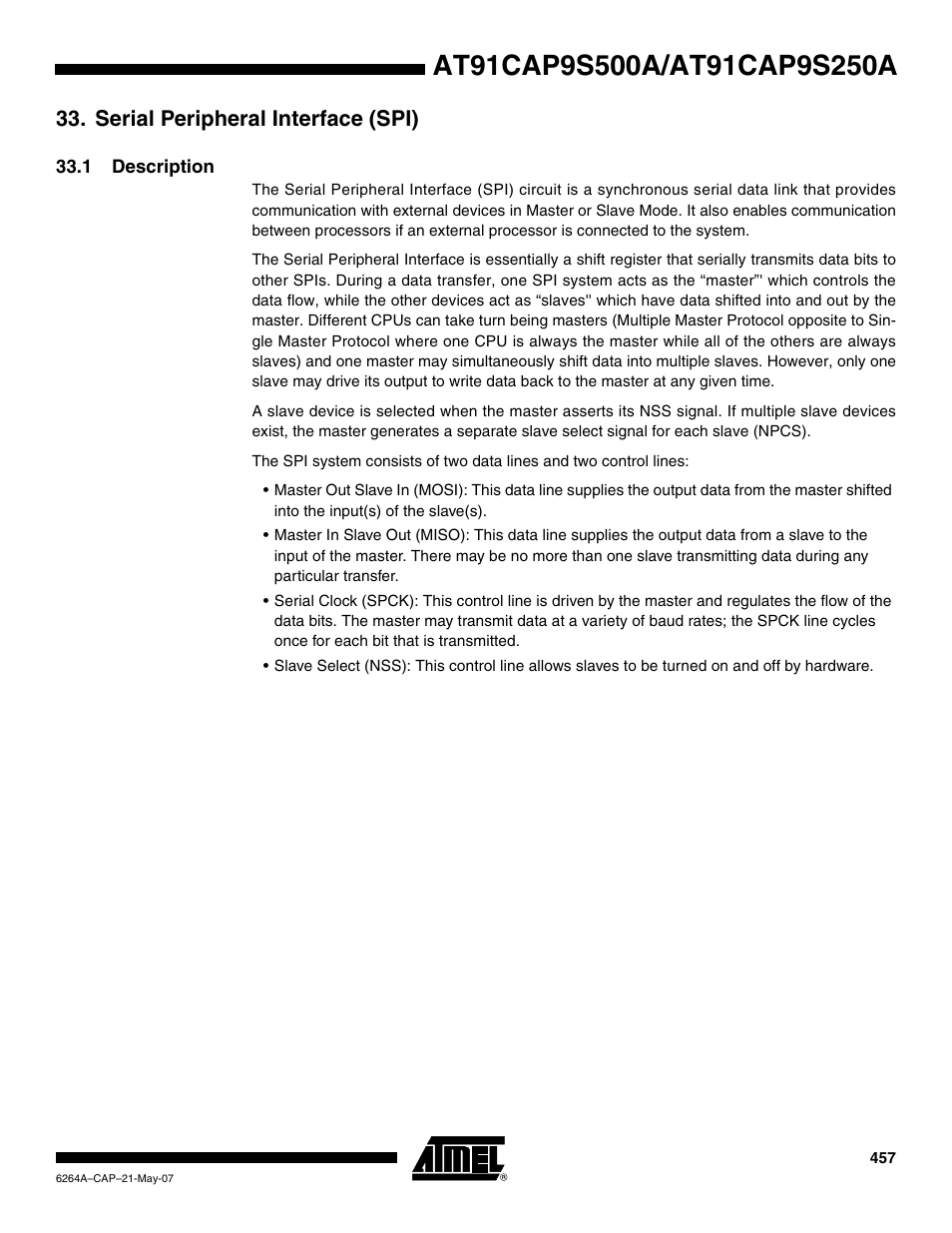 Serial peripheral interface (spi), 1 description | Rainbow Electronics AT91CAP9S250A User Manual | Page 457 / 1008