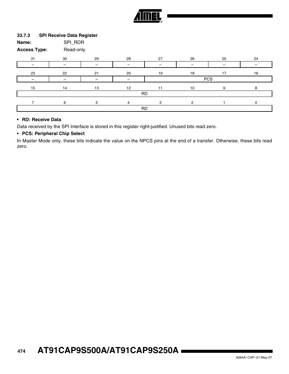 3 spi receive data register | Rainbow Electronics AT91CAP9S250A User Manual | Page 474 / 1008