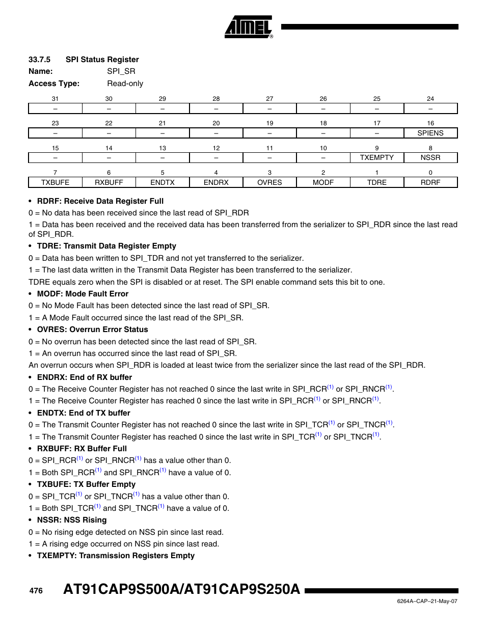 5 spi status register | Rainbow Electronics AT91CAP9S250A User Manual | Page 476 / 1008