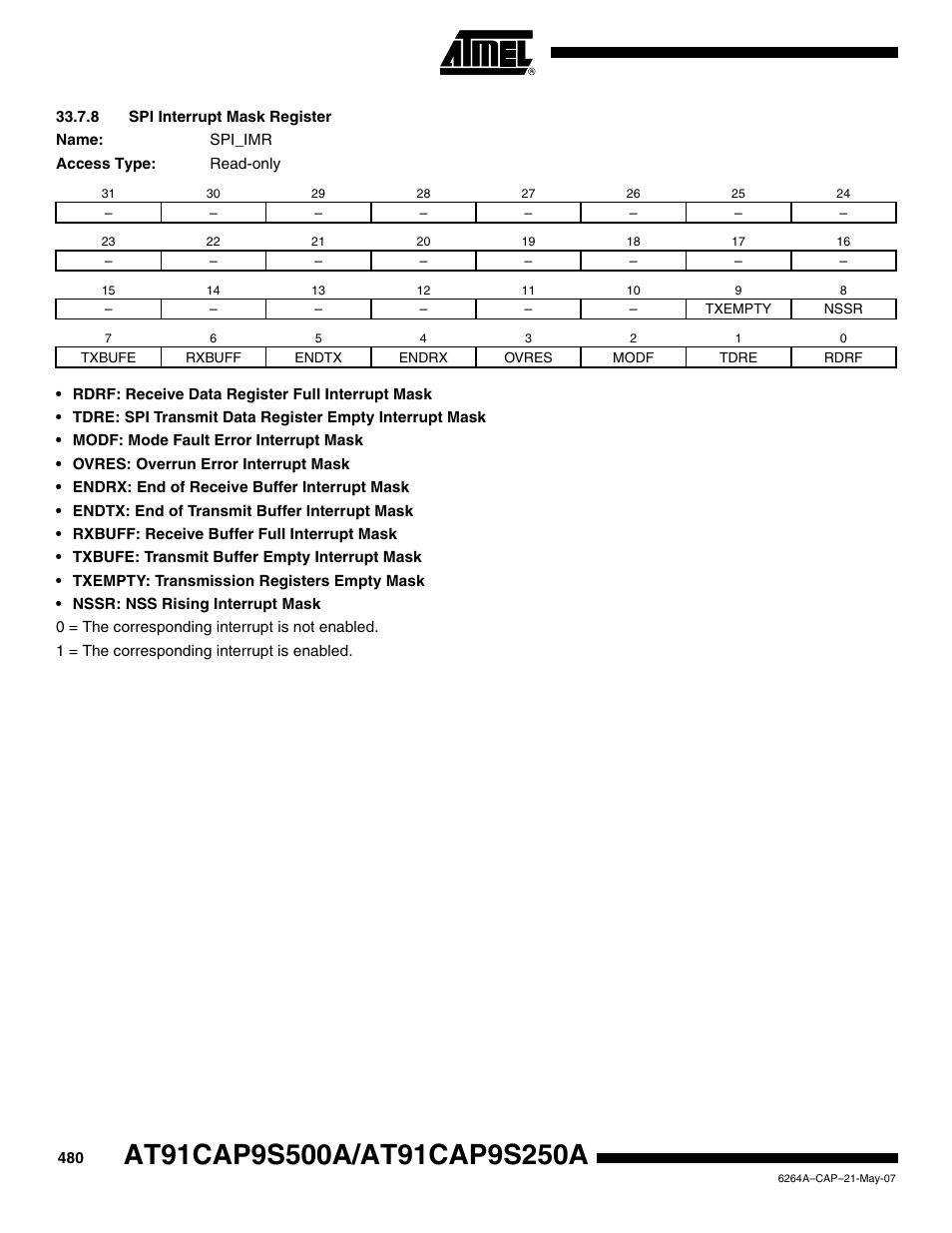 8 spi interrupt mask register | Rainbow Electronics AT91CAP9S250A User Manual | Page 480 / 1008