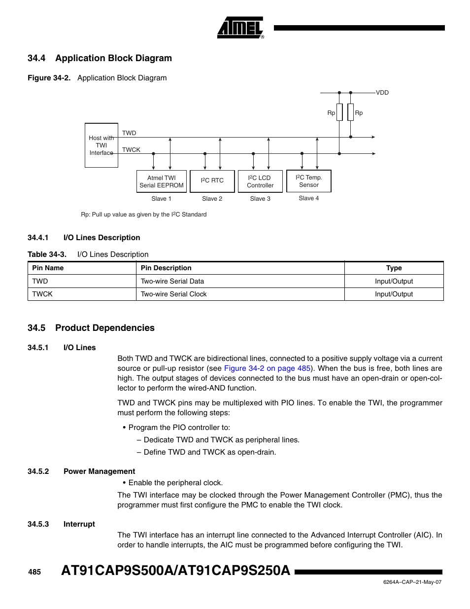 4 application block diagram, 1 i/o lines description, 5 product dependencies | 1 i/o lines, 2 power management, 3 interrupt | Rainbow Electronics AT91CAP9S250A User Manual | Page 485 / 1008