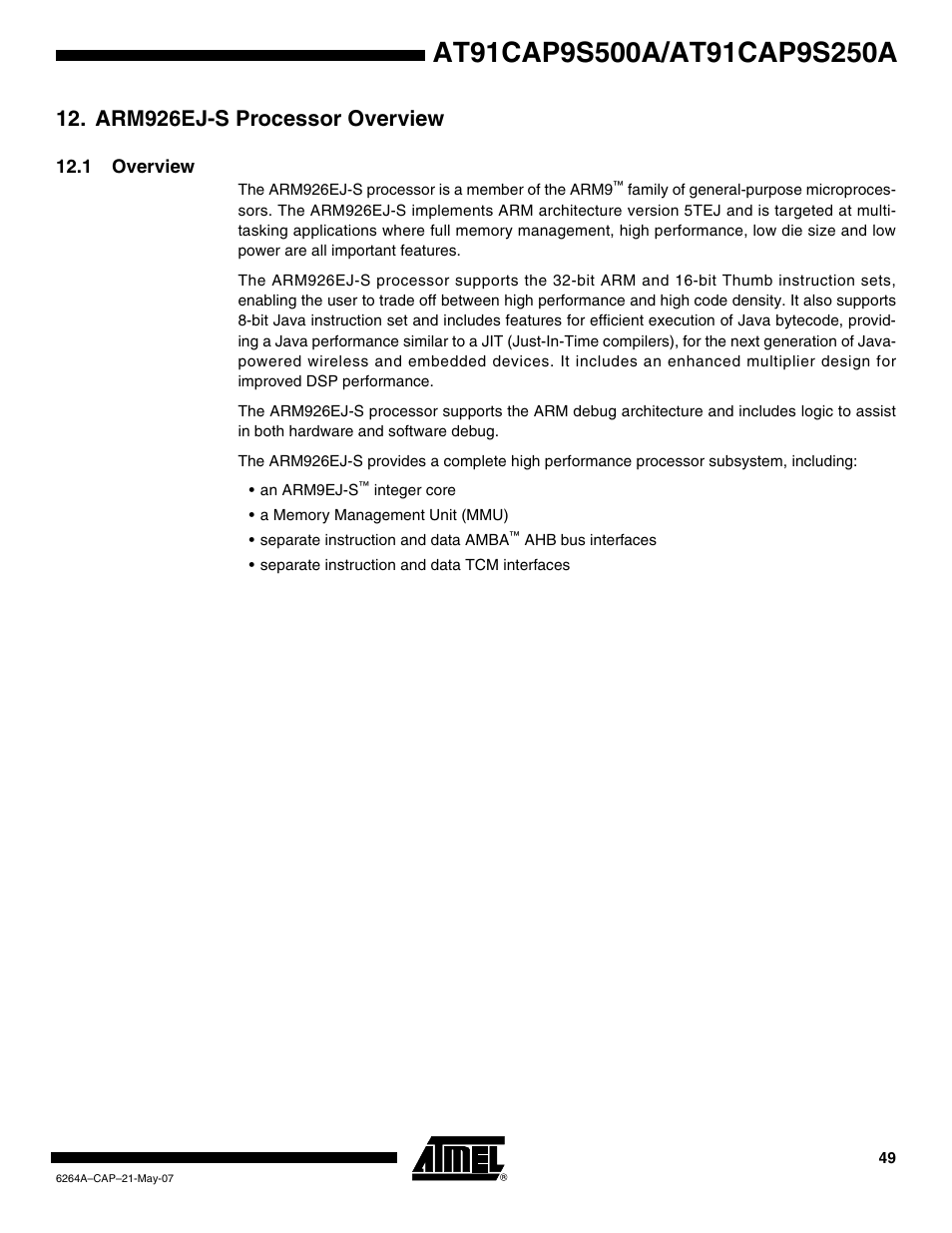 Arm926ej-s processor overview, 1 overview | Rainbow Electronics AT91CAP9S250A User Manual | Page 49 / 1008