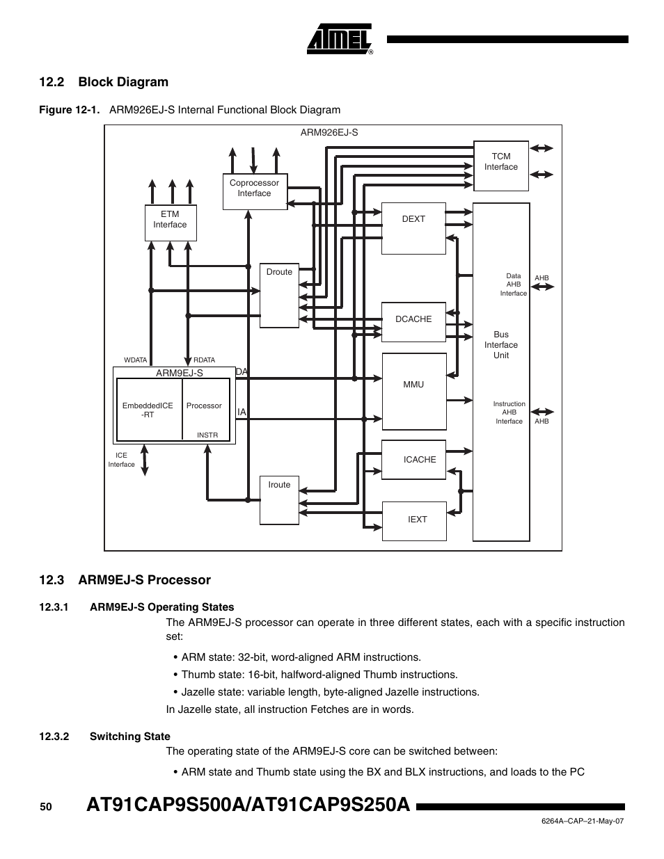 2 block diagram, 3 arm9ej-s processor, 1 arm9ej-s operating states | 2 switching state | Rainbow Electronics AT91CAP9S250A User Manual | Page 50 / 1008