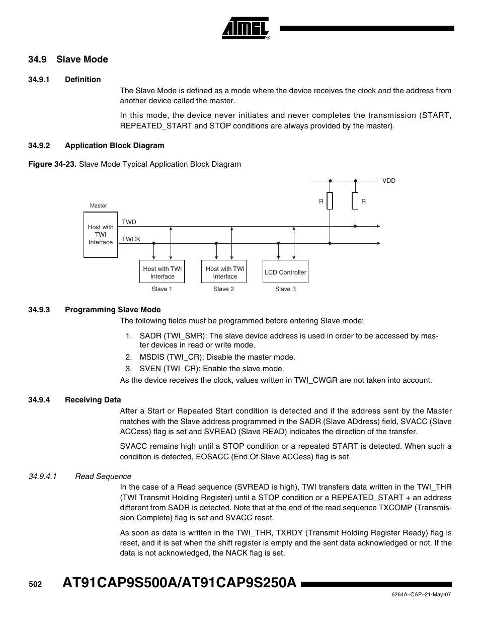 9 slave mode, 1 definition, 2 application block diagram | 3 programming slave mode, 4 receiving data | Rainbow Electronics AT91CAP9S250A User Manual | Page 502 / 1008