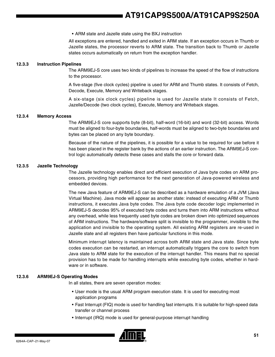 3 instruction pipelines, 4 memory access, 5 jazelle technology | 6 arm9ej-s operating modes | Rainbow Electronics AT91CAP9S250A User Manual | Page 51 / 1008