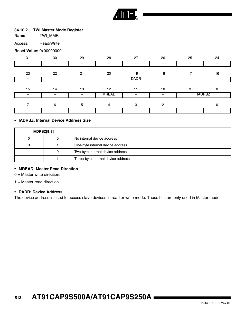 2 twi master mode register | Rainbow Electronics AT91CAP9S250A User Manual | Page 513 / 1008