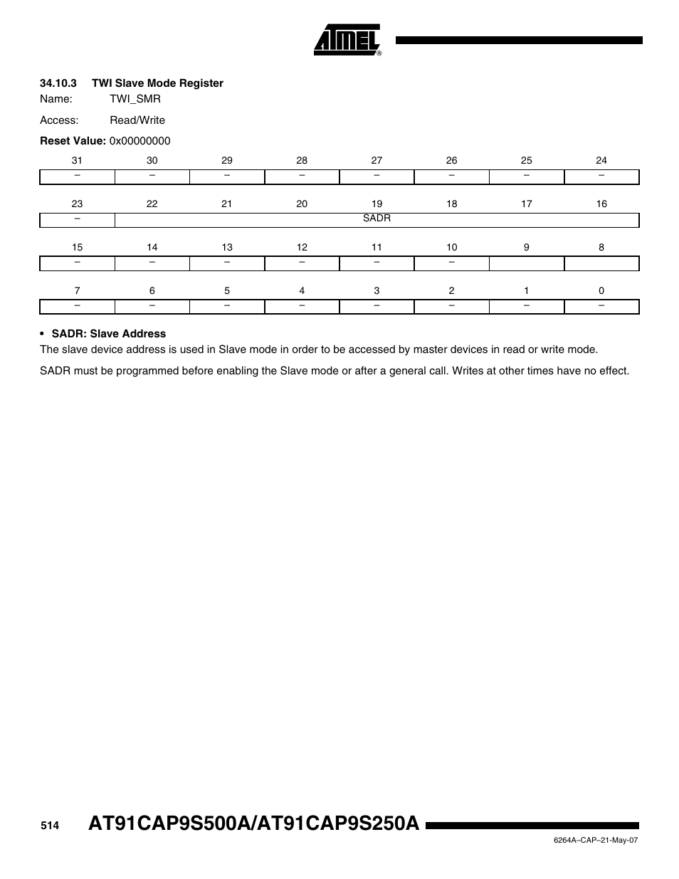 3 twi slave mode register | Rainbow Electronics AT91CAP9S250A User Manual | Page 514 / 1008