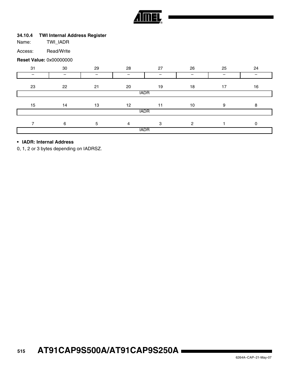 4 twi internal address register | Rainbow Electronics AT91CAP9S250A User Manual | Page 515 / 1008