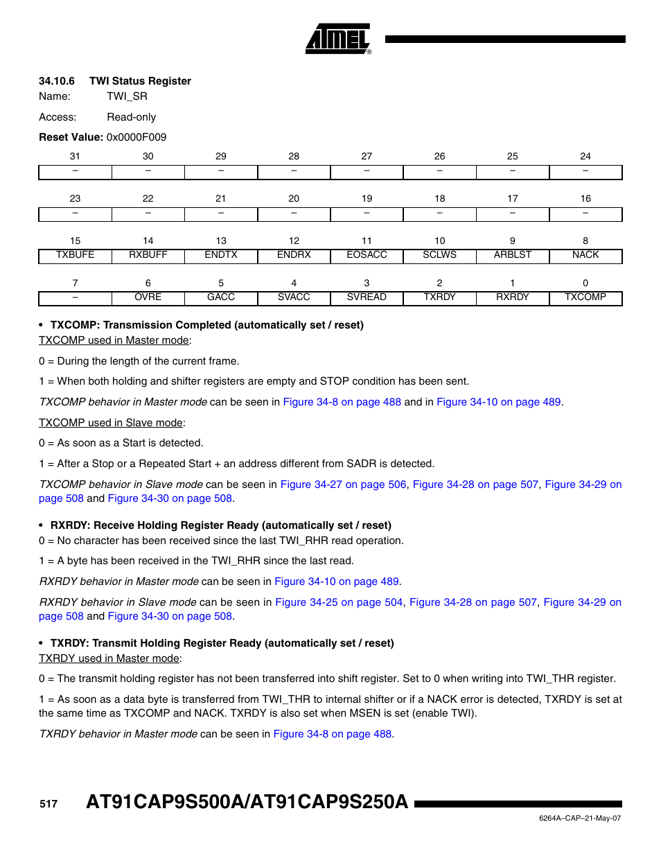 6 twi status register | Rainbow Electronics AT91CAP9S250A User Manual | Page 517 / 1008