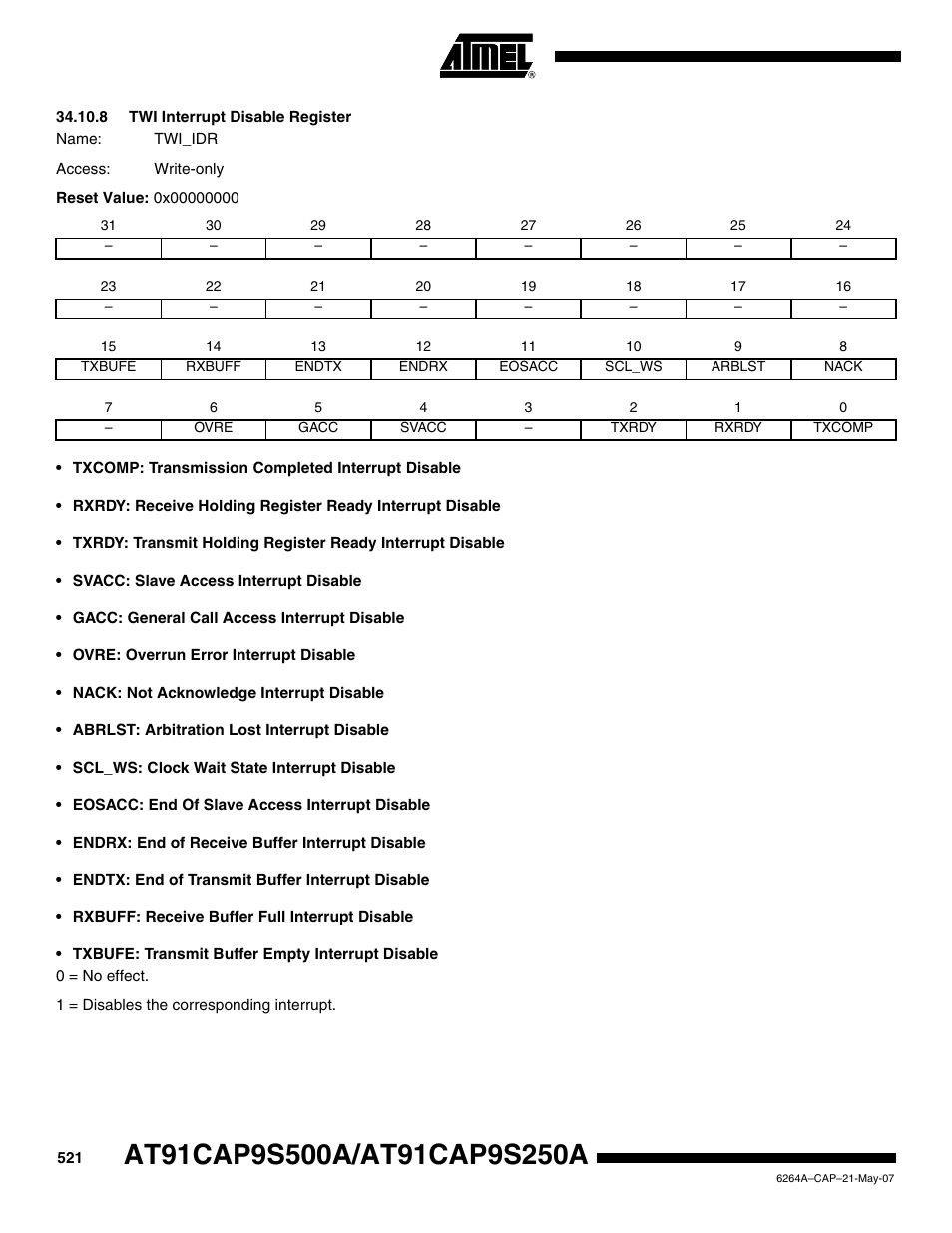 8 twi interrupt disable register | Rainbow Electronics AT91CAP9S250A User Manual | Page 521 / 1008