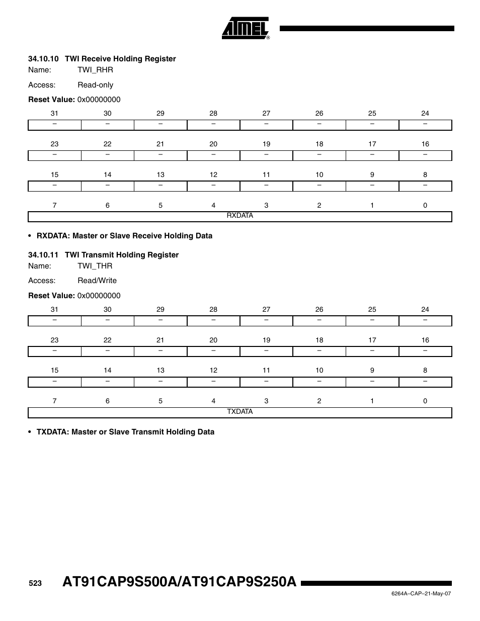 10 twi receive holding register, 11 twi transmit holding register | Rainbow Electronics AT91CAP9S250A User Manual | Page 523 / 1008
