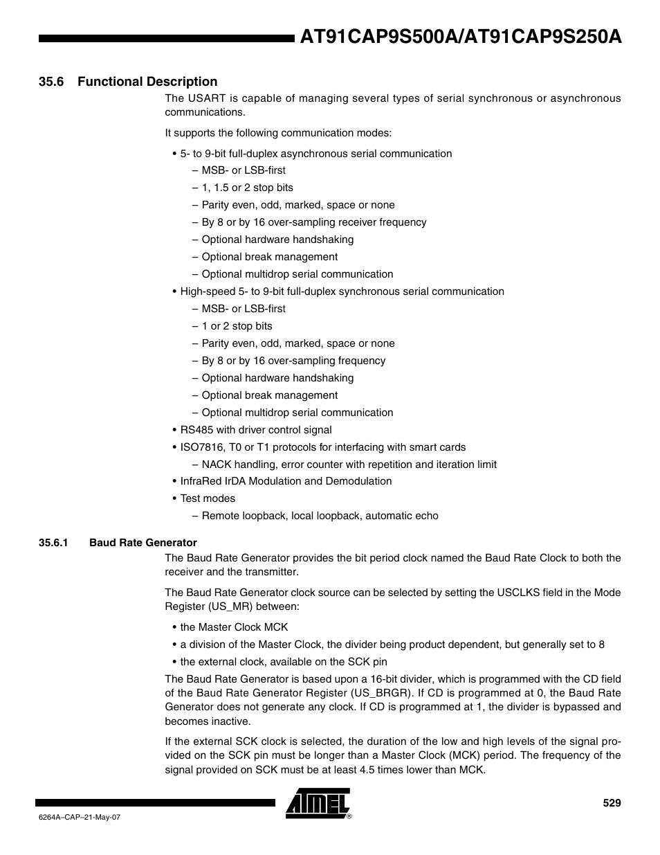 6 functional description, 1 baud rate generator | Rainbow Electronics AT91CAP9S250A User Manual | Page 529 / 1008