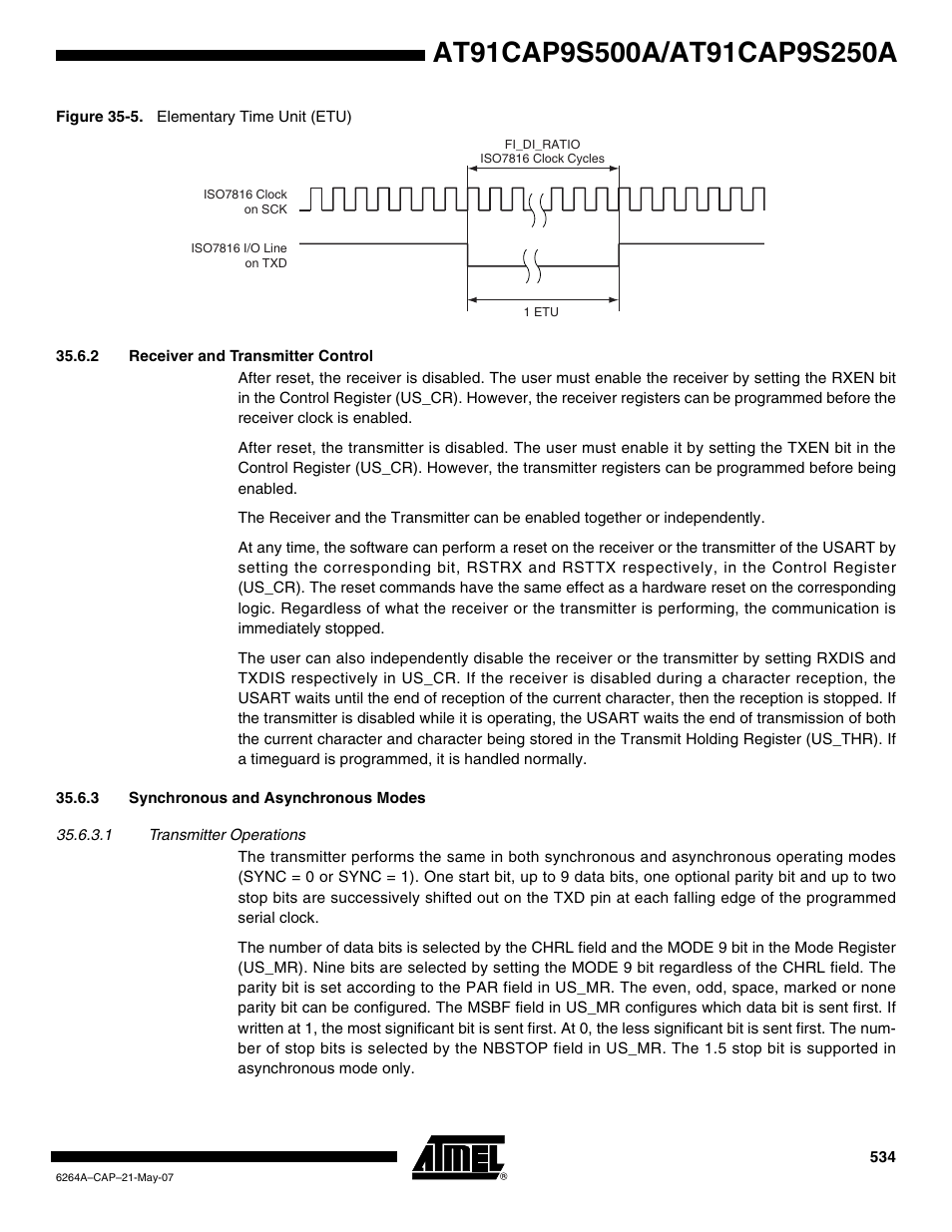 2 receiver and transmitter control, 3 synchronous and asynchronous modes, Figure 35-5 | Rainbow Electronics AT91CAP9S250A User Manual | Page 534 / 1008