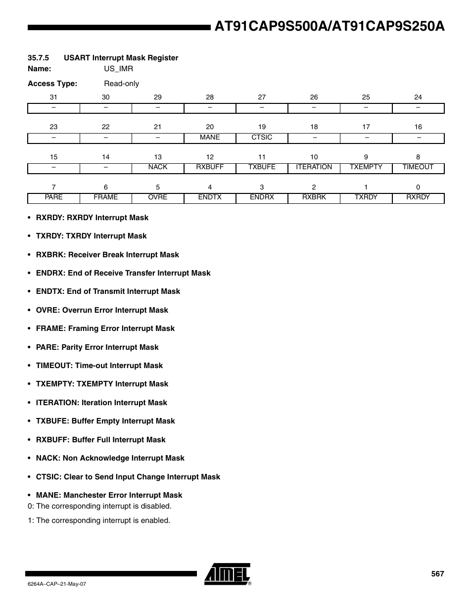5 usart interrupt mask register | Rainbow Electronics AT91CAP9S250A User Manual | Page 567 / 1008