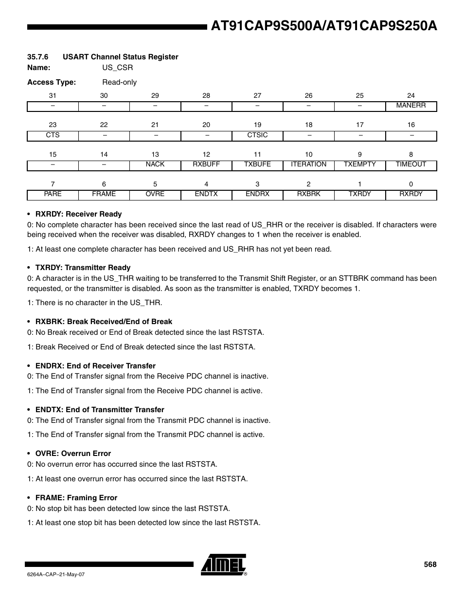6 usart channel status register | Rainbow Electronics AT91CAP9S250A User Manual | Page 568 / 1008