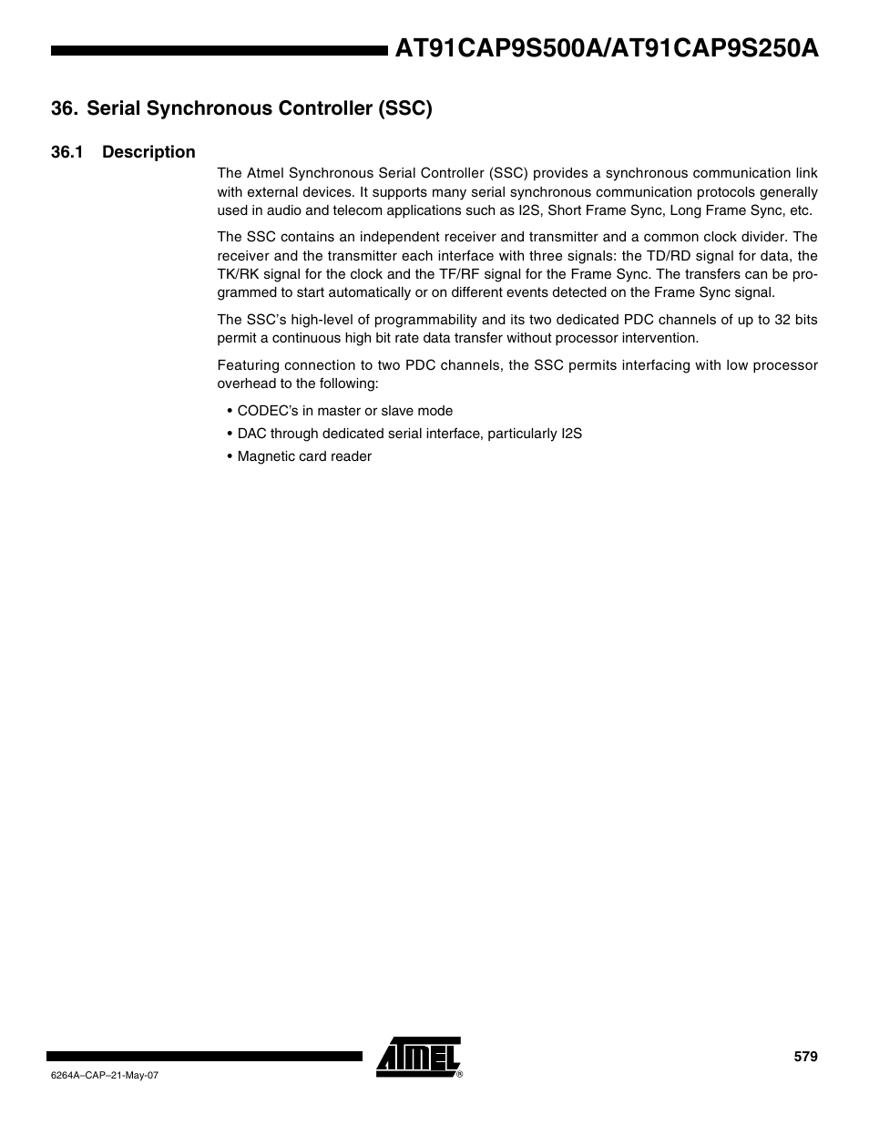 Serial synchronous controller (ssc), 1 description | Rainbow Electronics AT91CAP9S250A User Manual | Page 579 / 1008