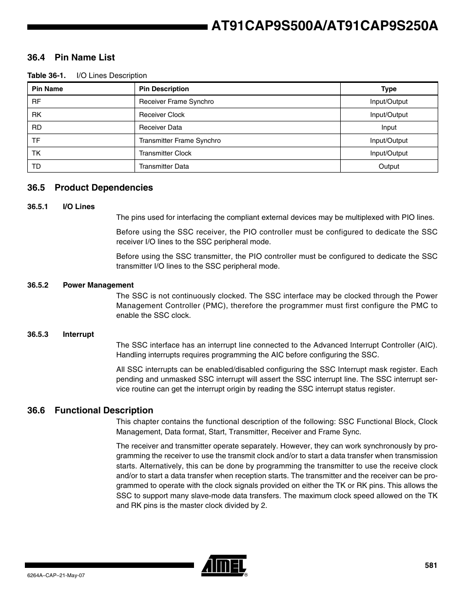 4 pin name list, 5 product dependencies, 1 i/o lines | 2 power management, 3 interrupt, 6 functional description | Rainbow Electronics AT91CAP9S250A User Manual | Page 581 / 1008