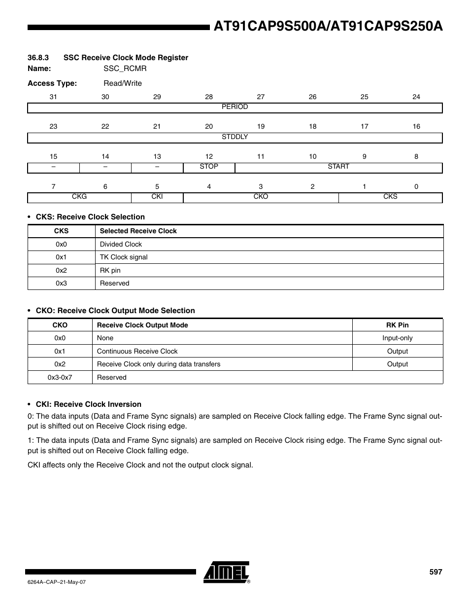 3 ssc receive clock mode register | Rainbow Electronics AT91CAP9S250A User Manual | Page 597 / 1008