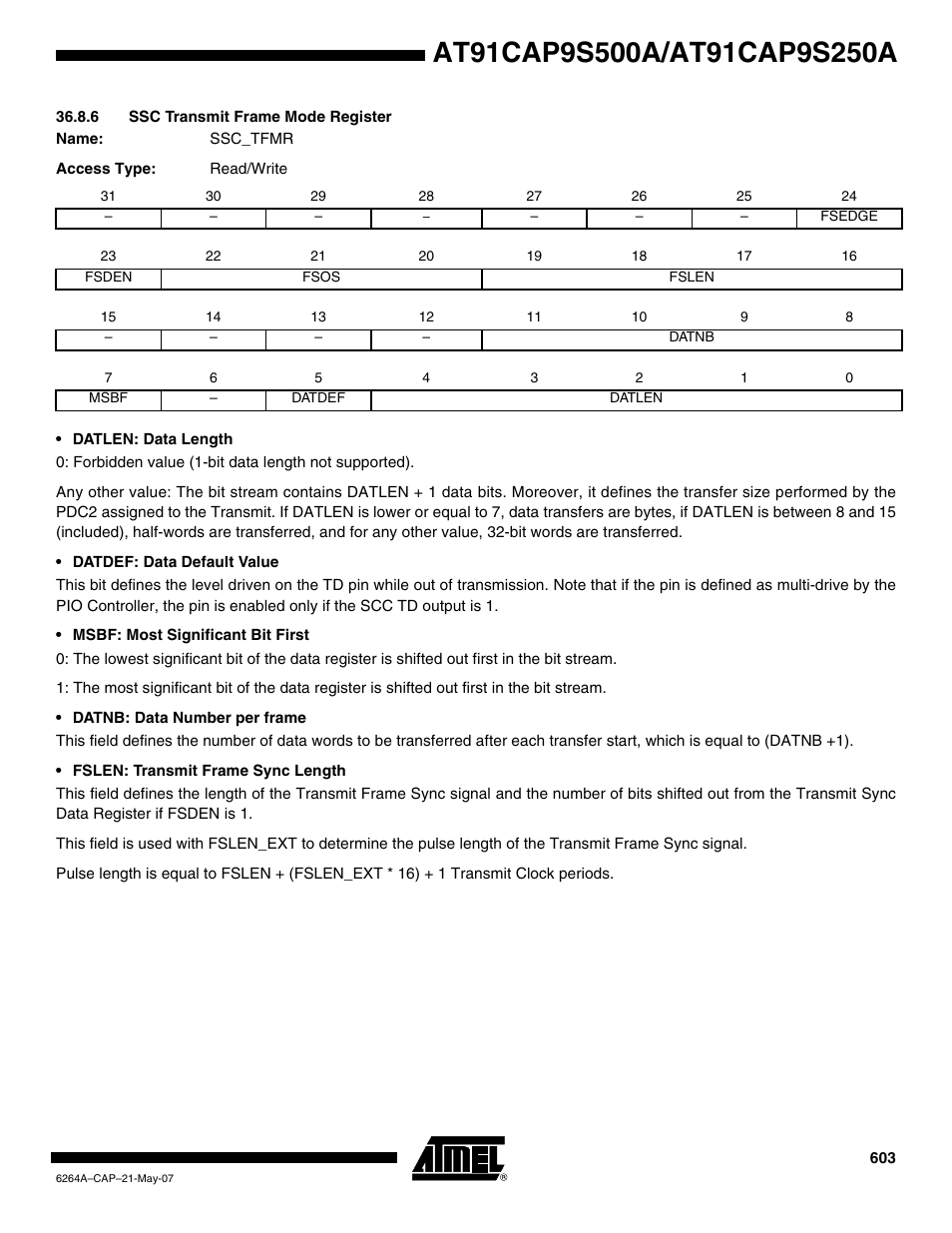 6 ssc transmit frame mode register | Rainbow Electronics AT91CAP9S250A User Manual | Page 603 / 1008