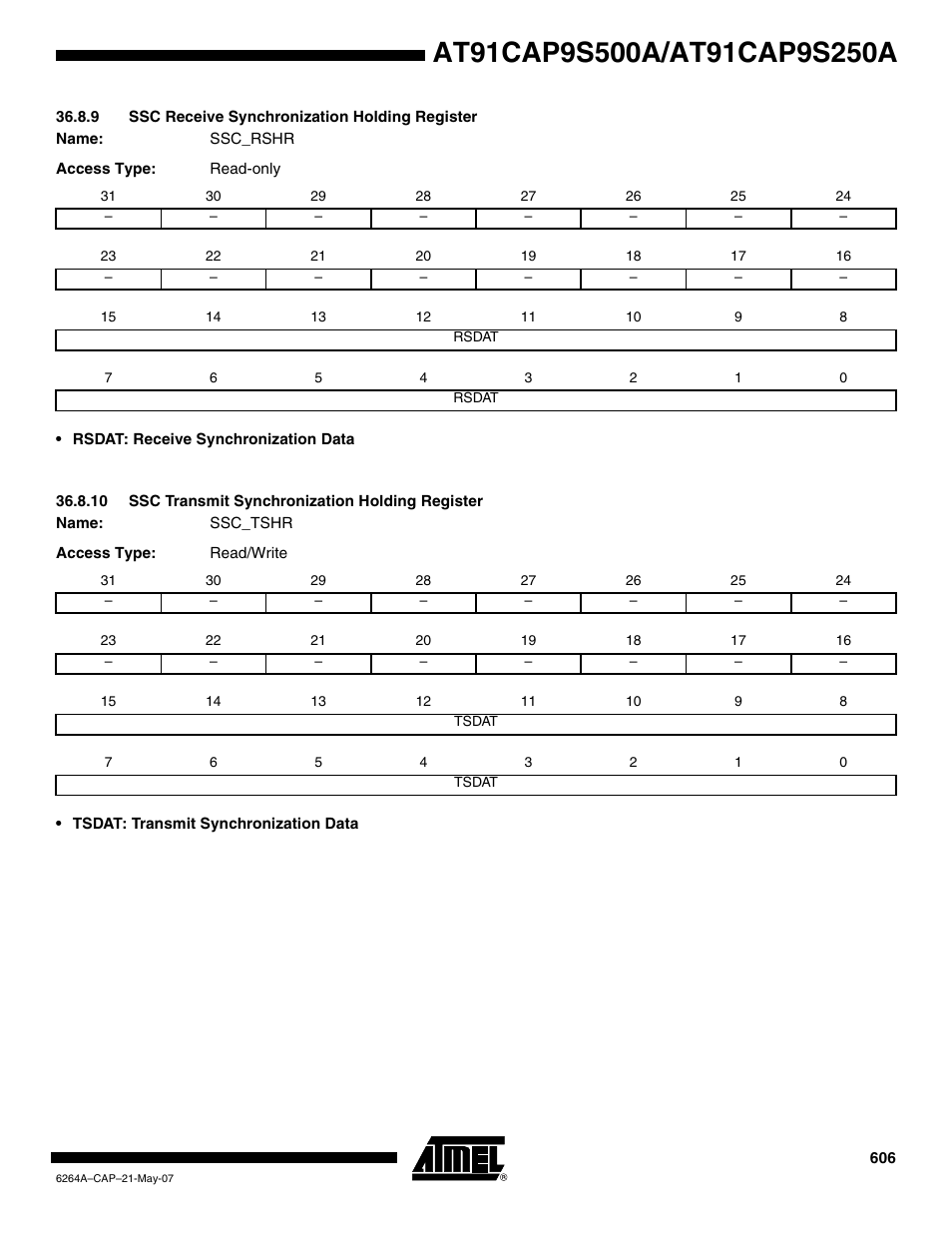 9 ssc receive synchronization holding register, 10 ssc transmit synchronization holding register | Rainbow Electronics AT91CAP9S250A User Manual | Page 606 / 1008