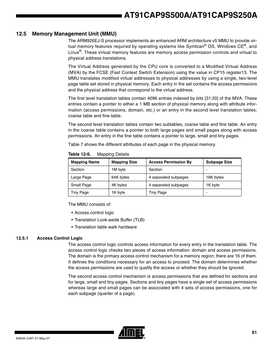 5 memory management unit (mmu), 1 access control logic | Rainbow Electronics AT91CAP9S250A User Manual | Page 61 / 1008