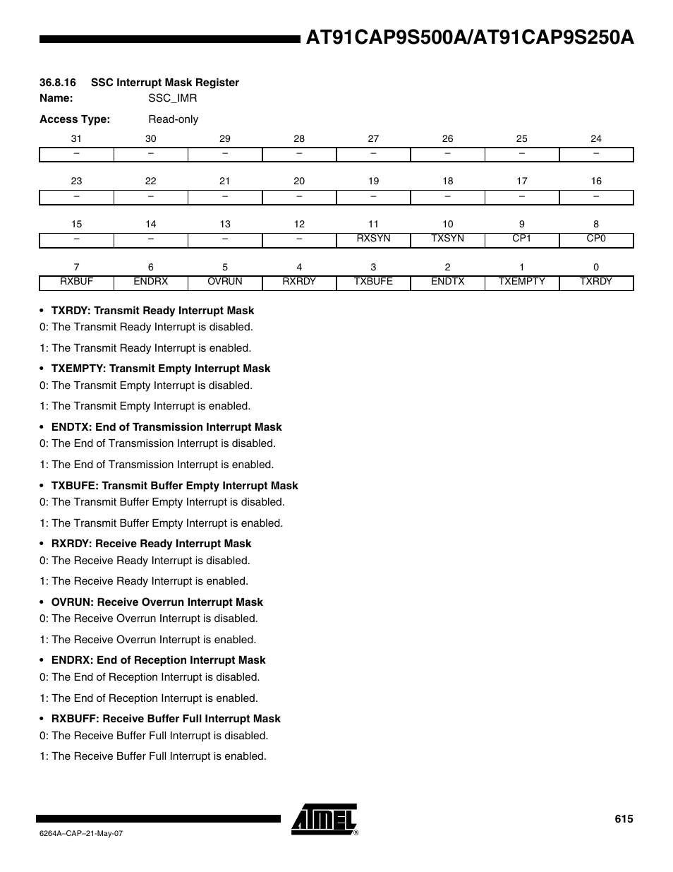 16 ssc interrupt mask register | Rainbow Electronics AT91CAP9S250A User Manual | Page 615 / 1008
