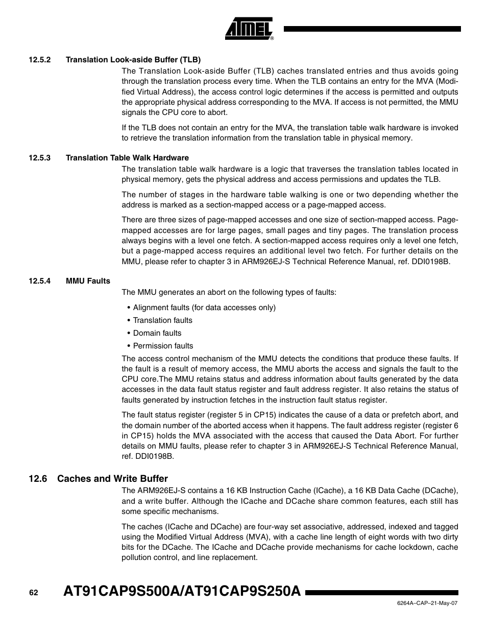 2 translation look-aside buffer (tlb), 3 translation table walk hardware, 4 mmu faults | 6 caches and write buffer | Rainbow Electronics AT91CAP9S250A User Manual | Page 62 / 1008