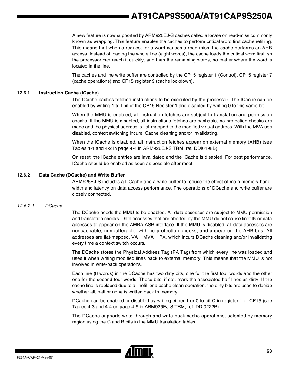1 instruction cache (icache), 2 data cache (dcache) and write buffer | Rainbow Electronics AT91CAP9S250A User Manual | Page 63 / 1008
