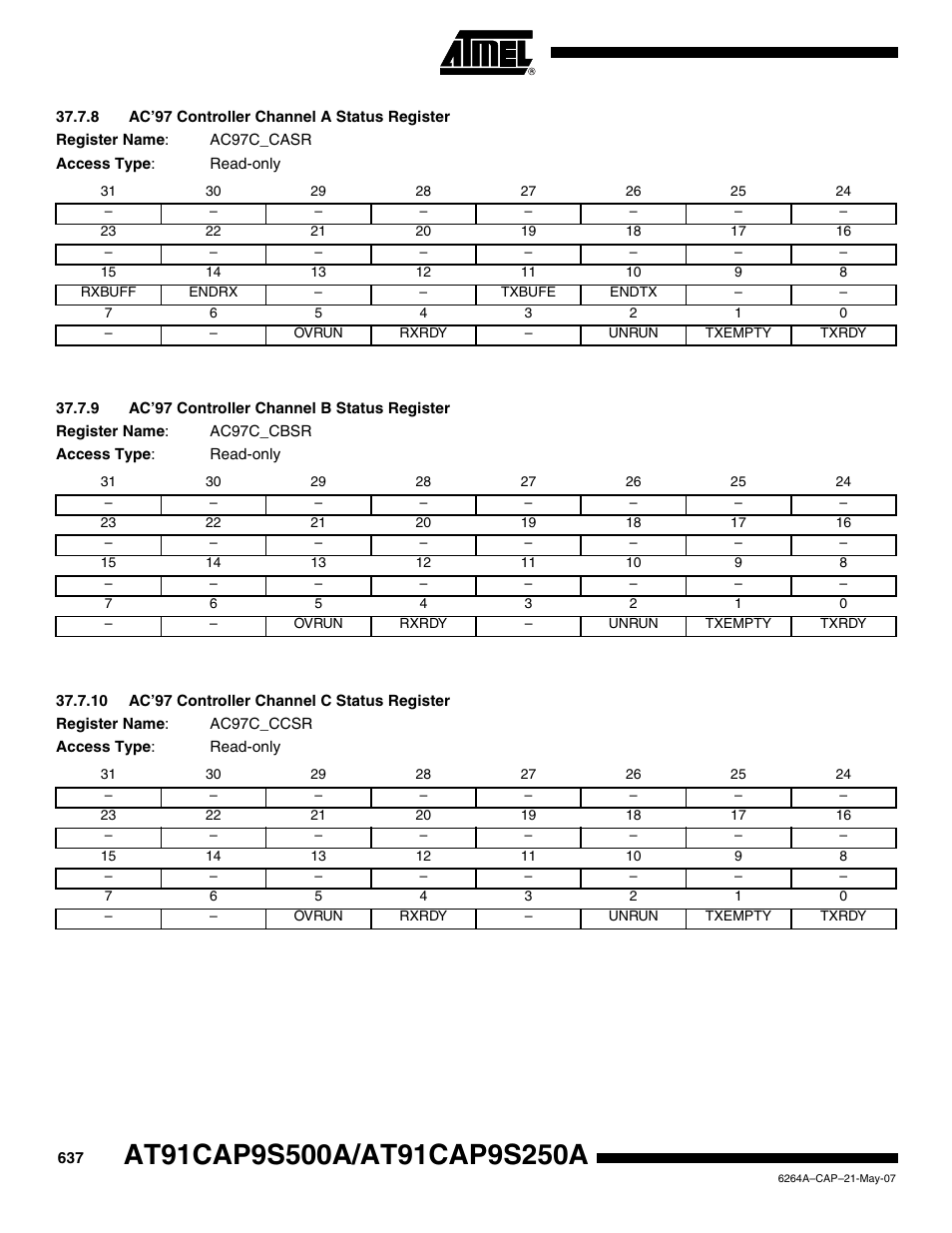 8 ac’97 controller channel a status register, 9 ac’97 controller channel b status register, 10 ac’97 controller channel c status register | Rainbow Electronics AT91CAP9S250A User Manual | Page 637 / 1008