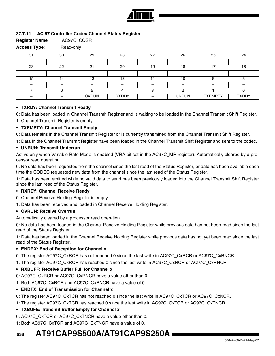11 ac’97 controller codec channel status register | Rainbow Electronics AT91CAP9S250A User Manual | Page 638 / 1008