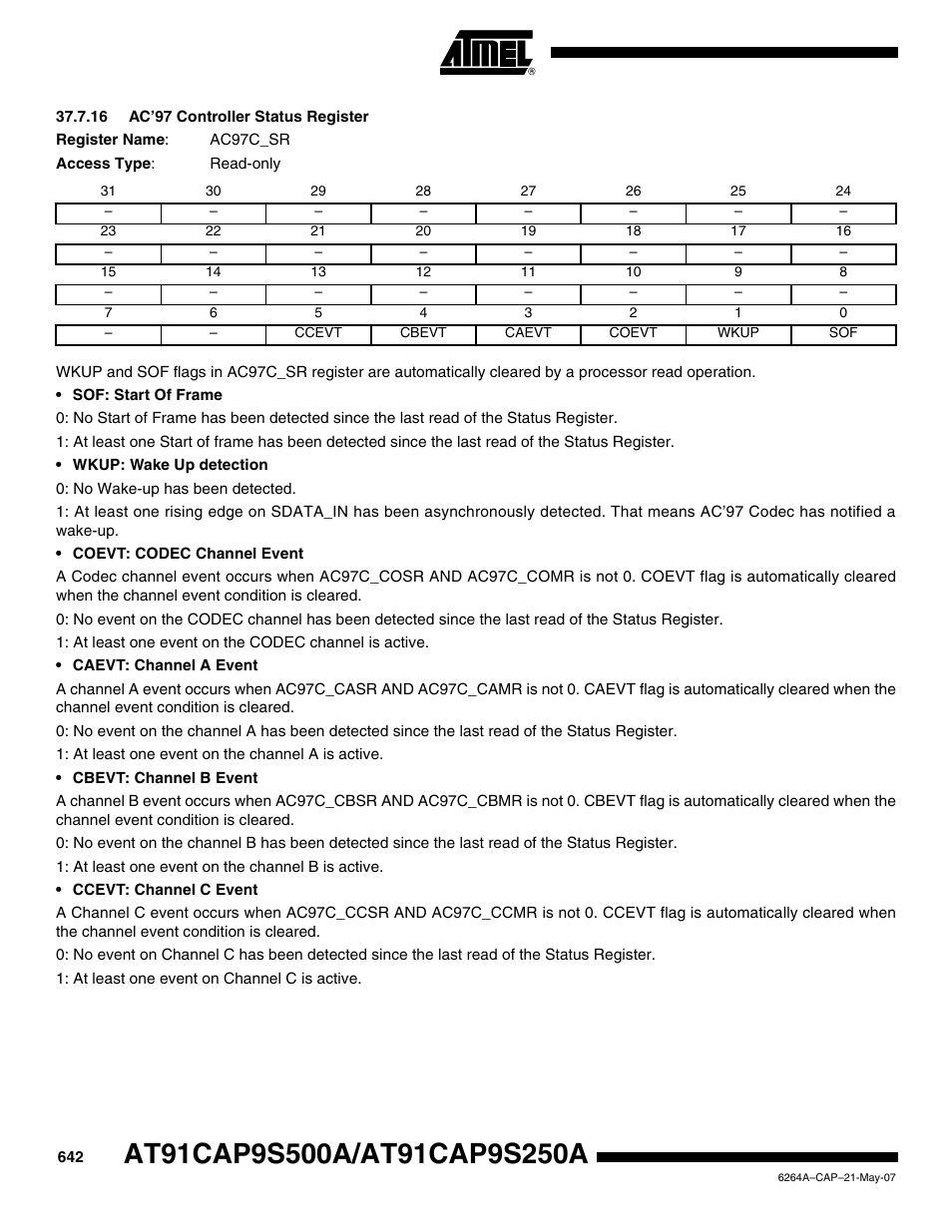 16 ac’97 controller status register | Rainbow Electronics AT91CAP9S250A User Manual | Page 642 / 1008