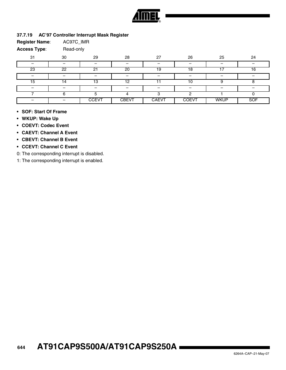 19 ac’97 controller interrupt mask register | Rainbow Electronics AT91CAP9S250A User Manual | Page 644 / 1008