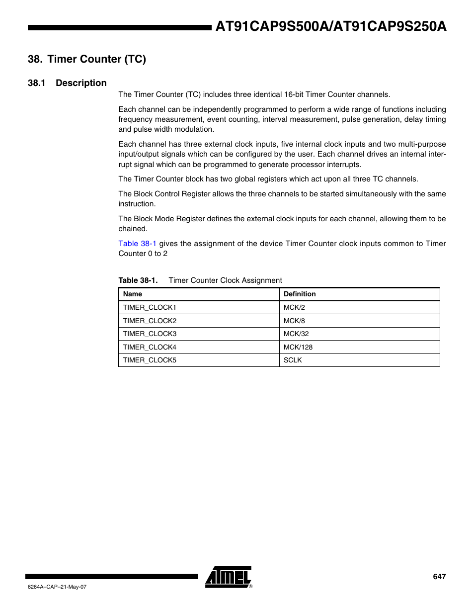 Timer counter (tc), 1 description | Rainbow Electronics AT91CAP9S250A User Manual | Page 647 / 1008