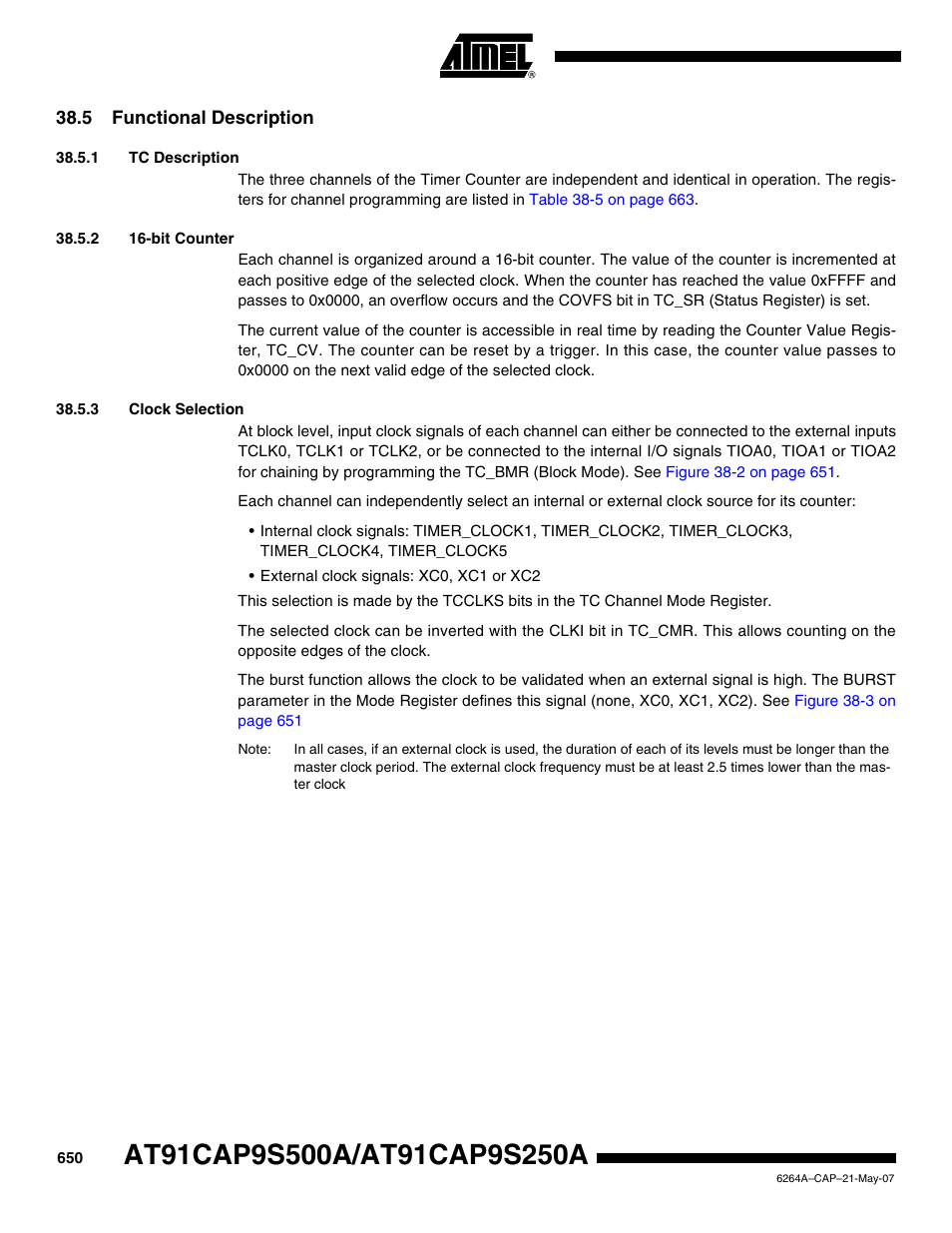 5 functional description, 1 tc description, 2 16-bit counter | 3 clock selection | Rainbow Electronics AT91CAP9S250A User Manual | Page 650 / 1008