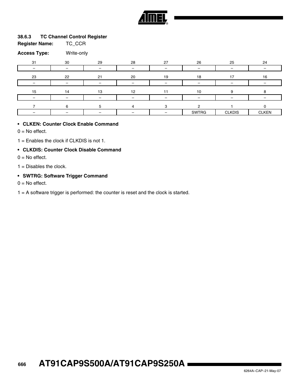 3 tc channel control register | Rainbow Electronics AT91CAP9S250A User Manual | Page 666 / 1008