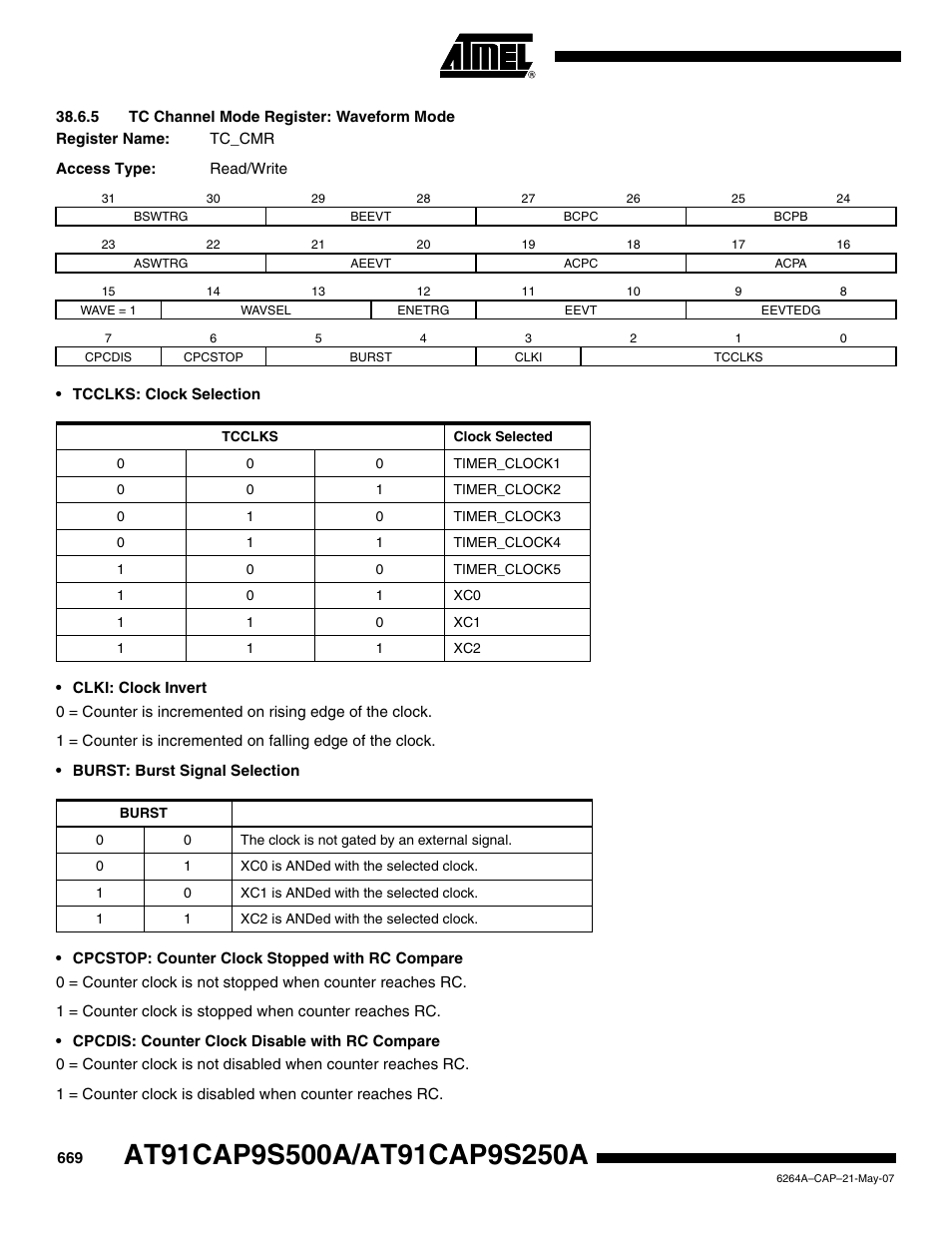 5 tc channel mode register: waveform mode | Rainbow Electronics AT91CAP9S250A User Manual | Page 669 / 1008