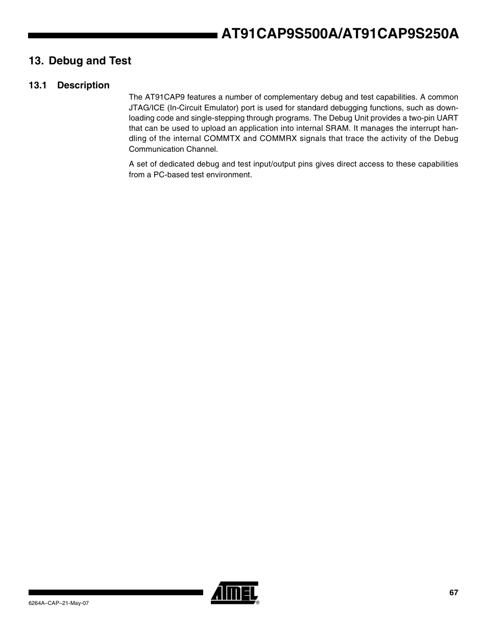 Debug and test, 1 description | Rainbow Electronics AT91CAP9S250A User Manual | Page 67 / 1008